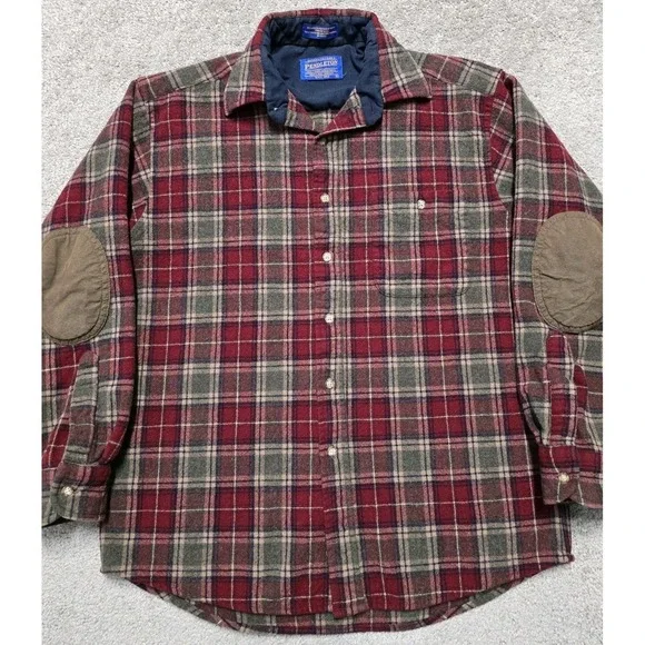 Pendleton Red Green Brown Plaid Virgin Wool Flannel Shirt Elbow Patch Mens M - Picture 3 of 16